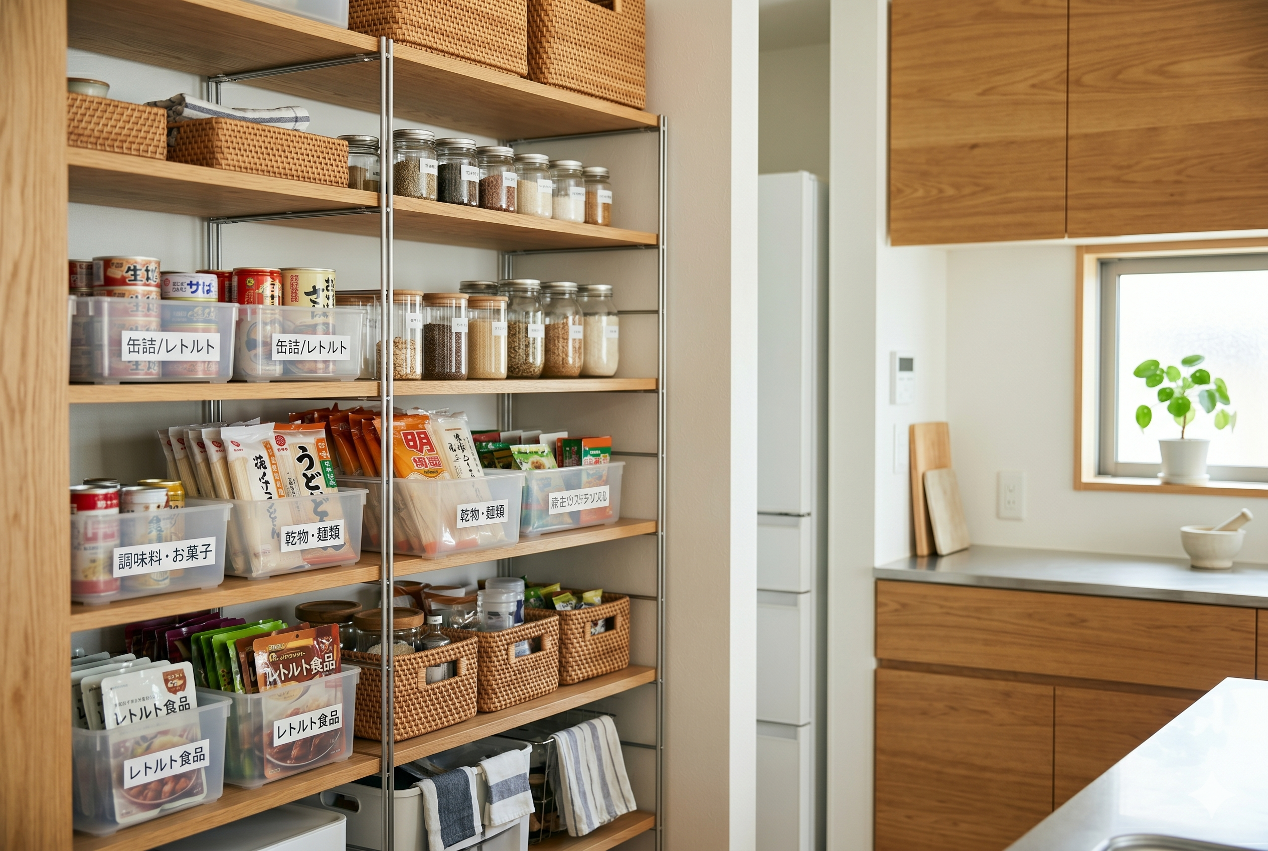 木目調の棚板とステンレス支柱で構成された、整理整頓のしやすい大容量のキッチンパントリー。ラタンバスケットや透明の収納ケースを活用し、食材やストック品を機能的に配置した、暮らしやすさを支える収納設計です。
