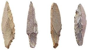 遺跡から発掘された石器の細部。鋭く加工された先端と石の質感が特徴的な、考古学的な調査資料としての4つの剥片石器。