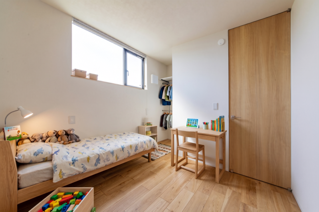 明るい木目のフローリングとハイドアが印象的な子供部屋です。ベッド、学習机、おもちゃ箱がコンパクトに配置され、高めの位置にある大きな窓から自然光が差し込む健やかな空間です。